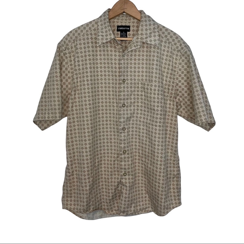 Vintage Claiborne Grandpa Short Sleeve Button Down Shirt Pattern Casual Tan